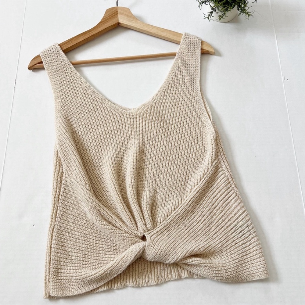 Boutique Knit V-neck Reversible Knot Top in Beige